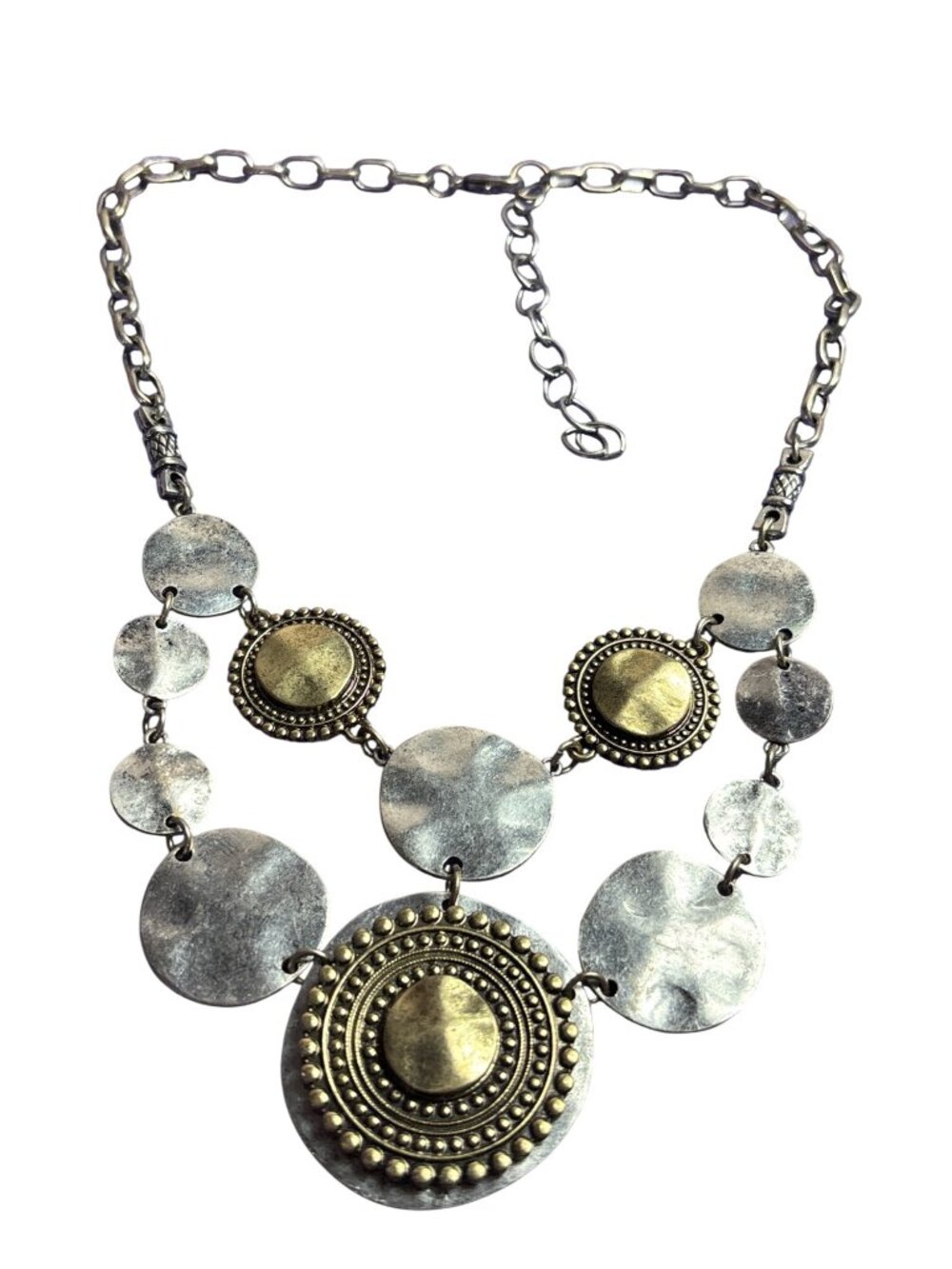 Rustic Silvertone Goldtone Metal Bib Necklace Textured 15 - 18 inches Long